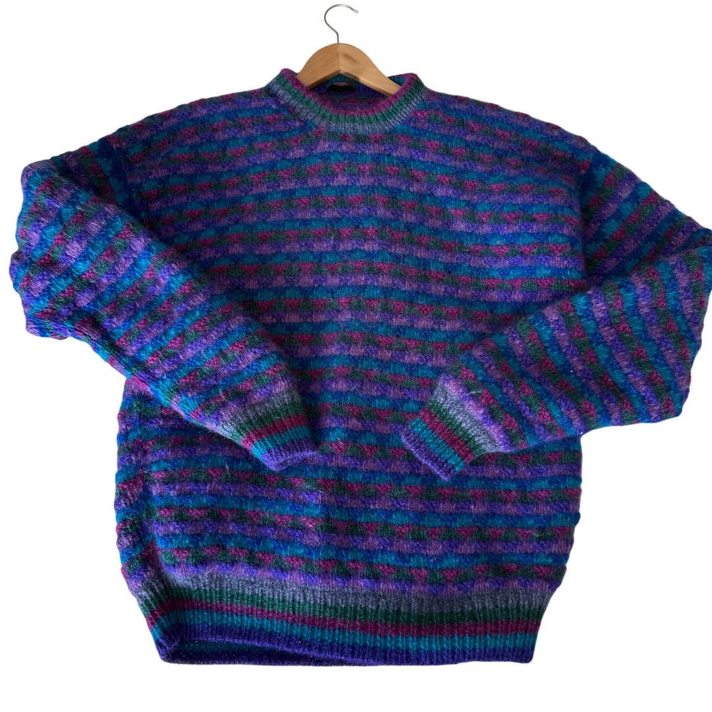 Vintage Shakti Imports Sweater Colorful Stripe Wool Mohair Nepal Oversized 90s